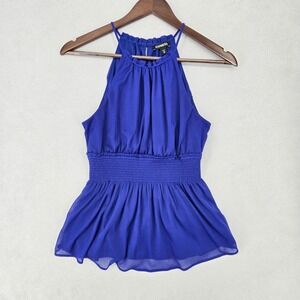 Express XS Peplum Halter Top Womens Royal Blue Smocked Waist Chiffon 006284776